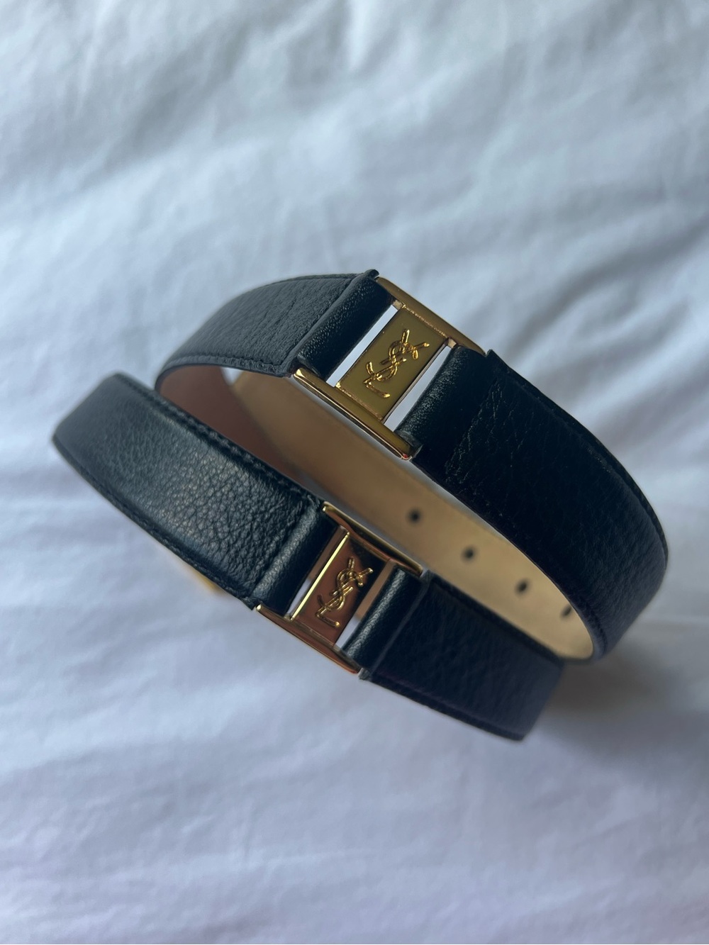 Vintage YSL black gold logo leather belt